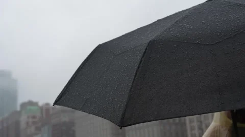 Raindrops on a dark umbrella during a light drizzle Stock Footage 346844322