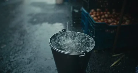Raindrops Dripping into Bucket  Stockbeeldmateriaal 304316869