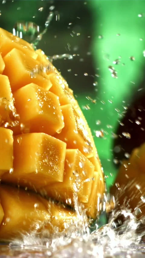 Raindrops fall on fresh mango. Filmed on a high-speed camera at 1000 fps Stock Footage 335319706