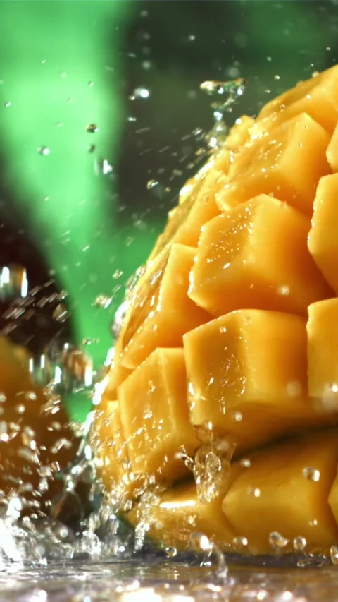 Raindrops fall on fresh mango. Filmed on a high-speed camera at 1000 fps Stock Footage 335323204