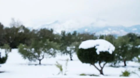 Raindrops fall in front of an out of focus snowy mountain and tree landscape Vídeos de archivo 153253141