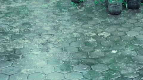 Raindrops fall gently on hexagonal pavement Stock Footage 340906526