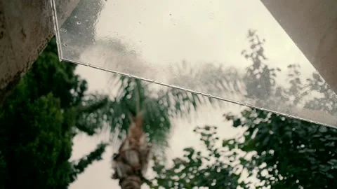 The raindrops fall from a glass awning. A rainy and depressing day. Video stock 221512055