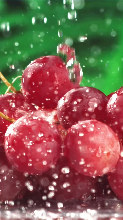 Raindrops fall on red grapes. Filmed on a high-speed camera at 1000 fps Stock Footage 335315497