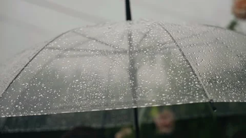 Raindrops fall on a transparent umbrella under which people are standing Stock Footage 344670937