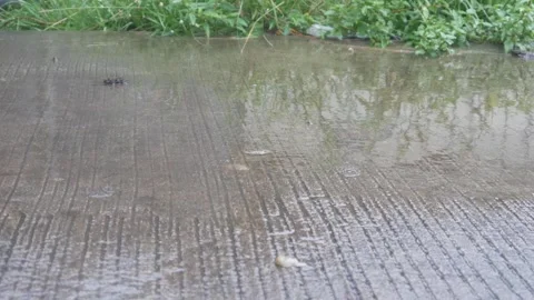 Raindrops falling on asphalt or concrete road surfaces Stock-Footage 327193235