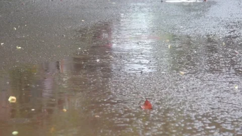 Raindrops falling on asphalt or concrete road surfaces Stock Footage 327193516