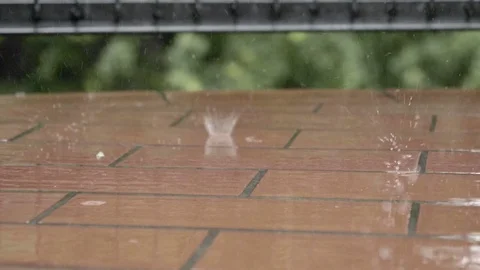 Raindrops falling on balcony floor in slow motion Vidéo 76943901