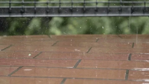Raindrops falling on balcony floor in slow motion Stock Footage 76944468