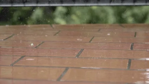 Raindrops falling on balcony floor in slow motion 스톡 동영상 77046657