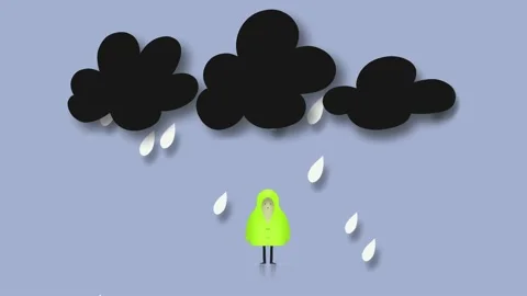 Raindrops falling from the black clouds on a guy standing in a rainsuit. Stock Footage 131020653