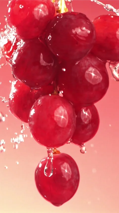 Raindrops falling on a branch of red grapes on a pink background. Filmed on a Stock Footage 335306891