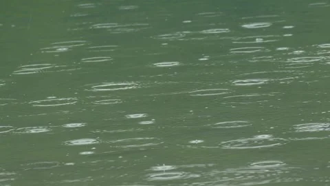 Raindrops Falling on Calm Lake Surface - 4K Slow Motion Background Shot Stock Footage 336684403