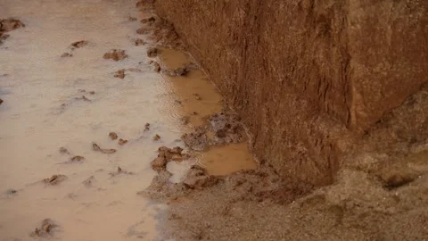 Raindrops falling in a muddy puddle during a storm Stock Footage 341294748