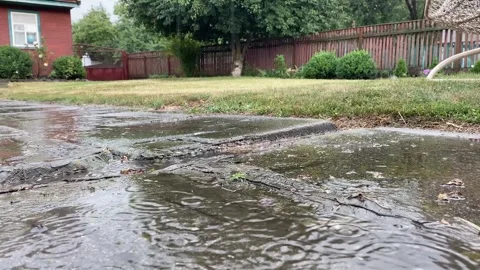 Raindrops Falling on Pavement with Grass and Red Fence in Background Stock Footage 314390273