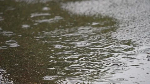 Raindrops falling into puddle creating ripples on asphalt Stock Footage 346343756