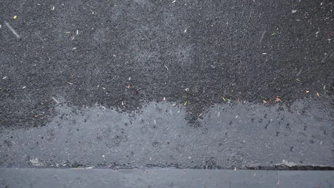 Raindrops falling on the puddle of a pavement Stock Footage 336437824