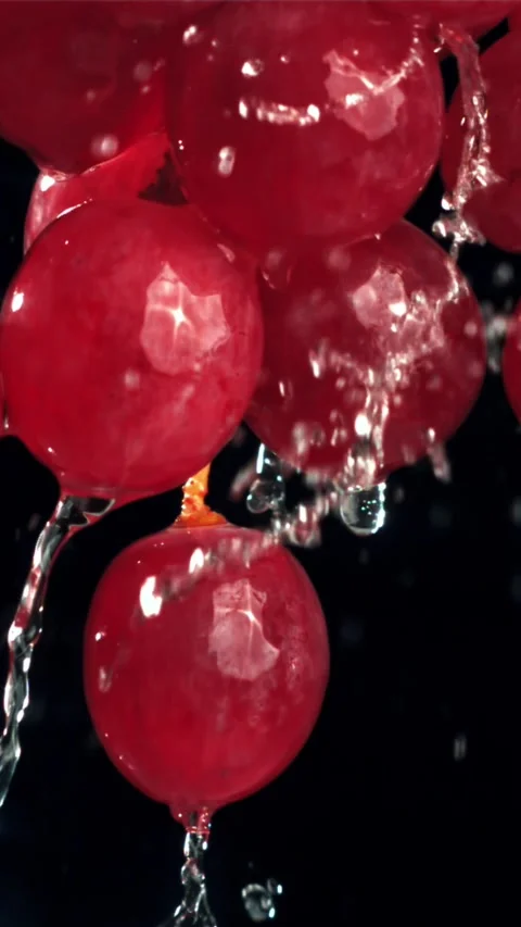 Raindrops falling on red grapes on black background. Filmed on a high-speed Stock Footage 335309471
