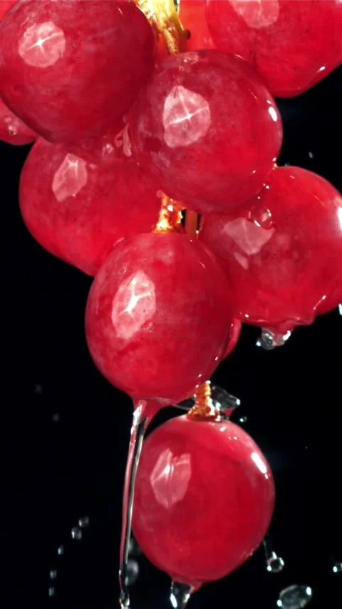 Raindrops falling on red grapes on black background. Filmed on a high-speed Stock Footage 335322271