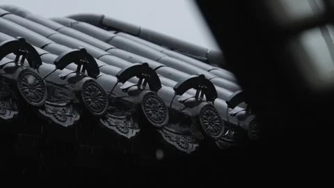 Raindrops Falling on Traditional Black Ceramic Roof Tiles with Ornate Ridge Caps Видео 337410245