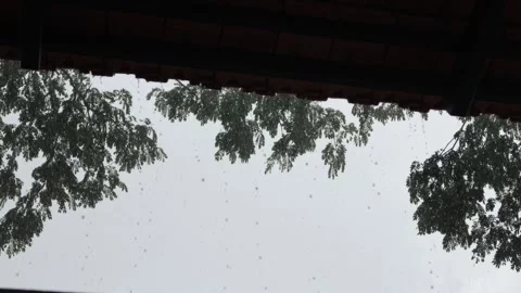 Raindrops falling viewed from under roof eaves Vídeos de archivo 345697853