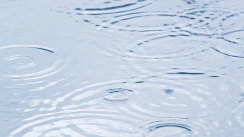 Raindrops falling onto the water surface, creating expanding circular ripples Видео 343411322