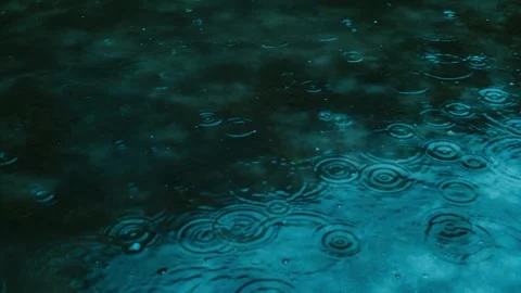 Raindrops falling on water surface during overcast day, blue cinematic ripples Stock Footage 330100803