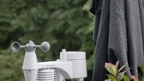 Raindrops falling on weather station in slow motion Stock Footage 76943943