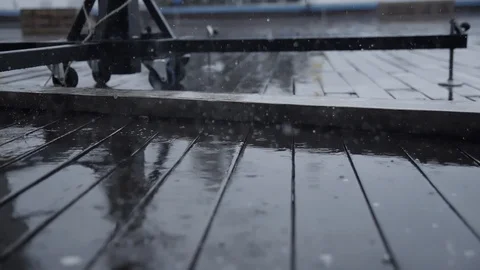 Raindrops falling on wooden deck floor Slow motion Stock-Footage 96117101