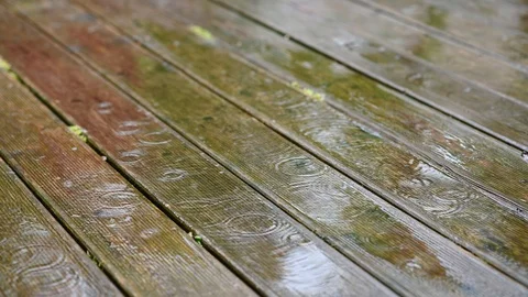 Raindrops falling on wooden surface Stock Footage 117297395