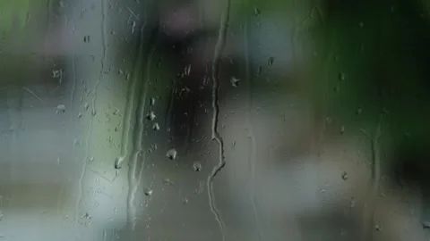 Raindrops Flow Down The Window, Greenery Blurred Background, Close-Up Shot Stock Footage 292313827