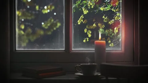 Raindrops flowing on the window, night rainy scenery and rain sound ASMR Stock Footage 312487175