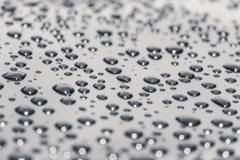Raindrops on a glossy surface. Many macro water drops reflecting in the sun l Stock Photos