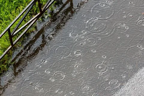 Raindrops hit wet pavement, creating ripples Stock Photos