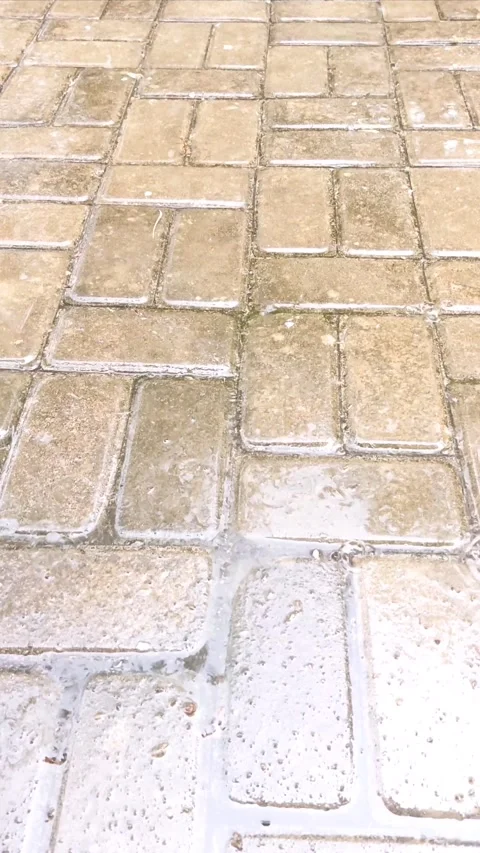Raindrops Hitting Wet Interlocking Brick Walkway. Stock Footage 346279352