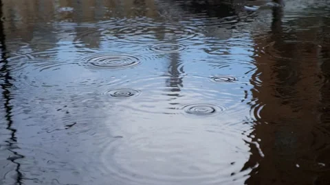 Raindrops leave circles in the puddles, reflecting the blue sky. Stock Footage 161101135