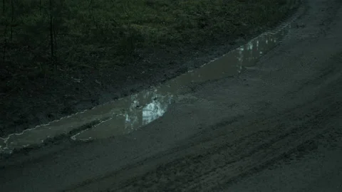 Raindrops in a muddy puddle in the woods, gray cloudy weather, wet mud, tire Video stock 165390937