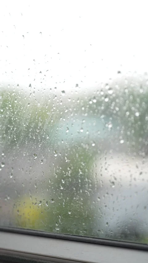 Raindrops resting on a window pane during a rainy day Stock Footage 339060807