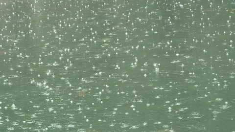 Raindrops on river surface with bubbles 4k footage with rain on umbrella sound Stock Footage 252597192