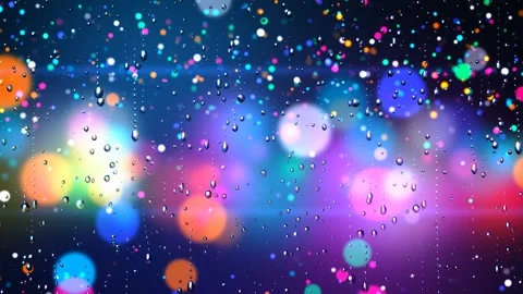 Raindrops running down on window glass, colorful city night bokeh lights glow Stock Footage 345376081