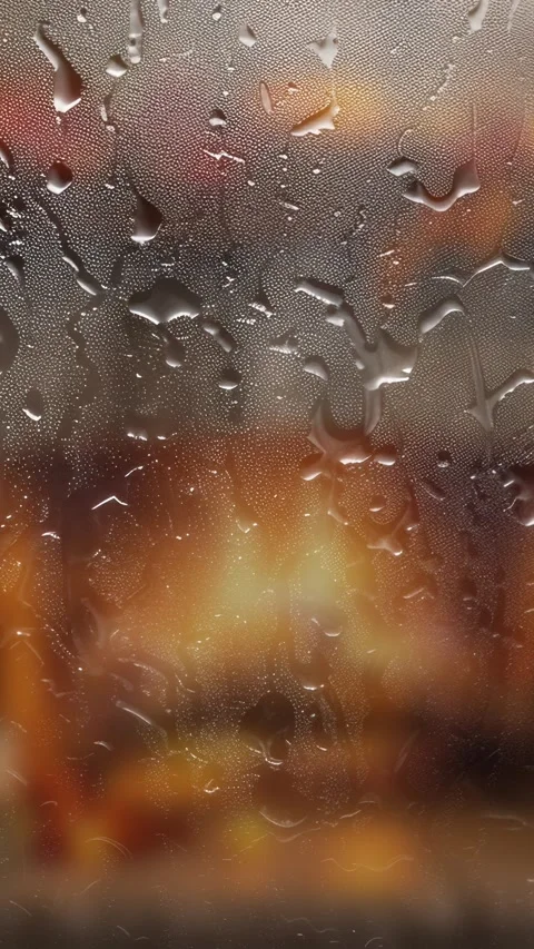 Raindrops sliding down glass with cozy fire background, vertical format Stock Footage 338371025