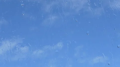 Raindrops sliding down glass window against soft blue blurred background Vidéo 337545610