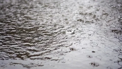Raindrops in Slow Motion on City Sidewalk. Peaceful Urban Rain Stock Footage 316865475