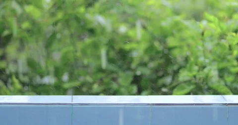 Raindrops splashing on the edge of a swimming pool with blurred green folia.. Stock Footage 341558243