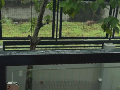 Raindrops Splashing on Modern Balcony Handrail During a Heavy Storm Stock Footage 339304763