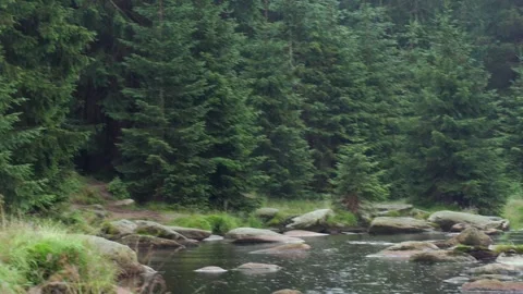 Raindrops on the surface of water in mountain stream in slow motion. Stock Footage 290822240