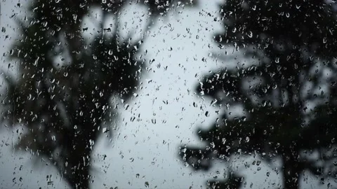 Raindrops trickling down a window pane, against a blurred background with trees Stock Footage 132048455