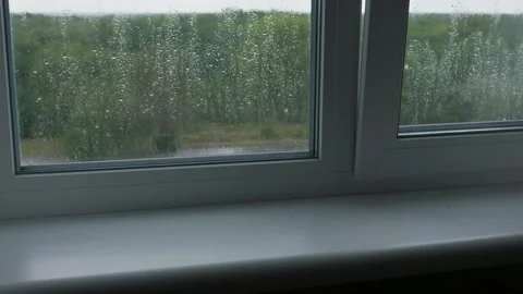 Raindrops Trickling Down Window Pane Overlooking Forest Landscape Stock Footage 345426032