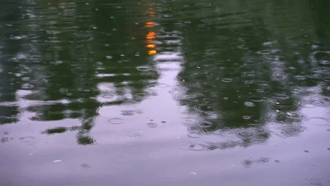 Raindrops on the water. Reflection of lamps Видео 145585071