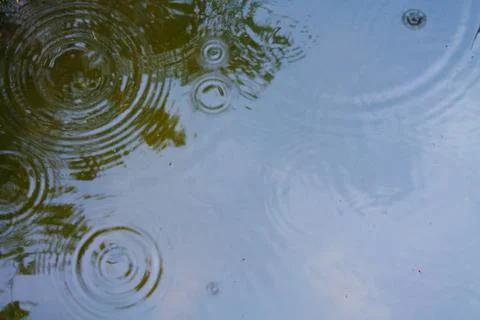 Raindrops on the water surface in a puddle with graduated drop shadow and blu Stock Photos